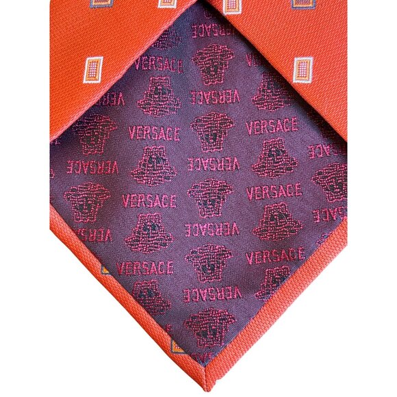 Gianni Versace Burnt Orange Tie Geo Pattern 100% Silk Luxury Designer Italy Boar - Picture 5 of 6